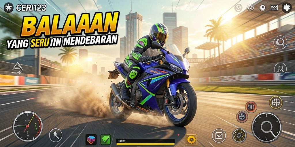 Tampilan gameplay CERI123 dengan balapan motor yang seru.