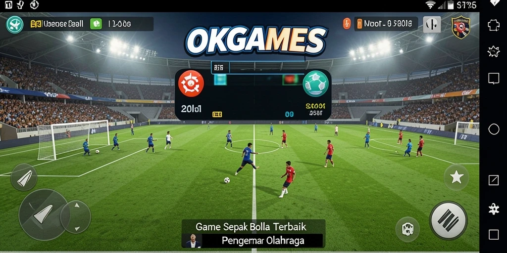 Tangkapan layar utama OKGAMES menampilkan aksi seru di lapangan sepak bola.